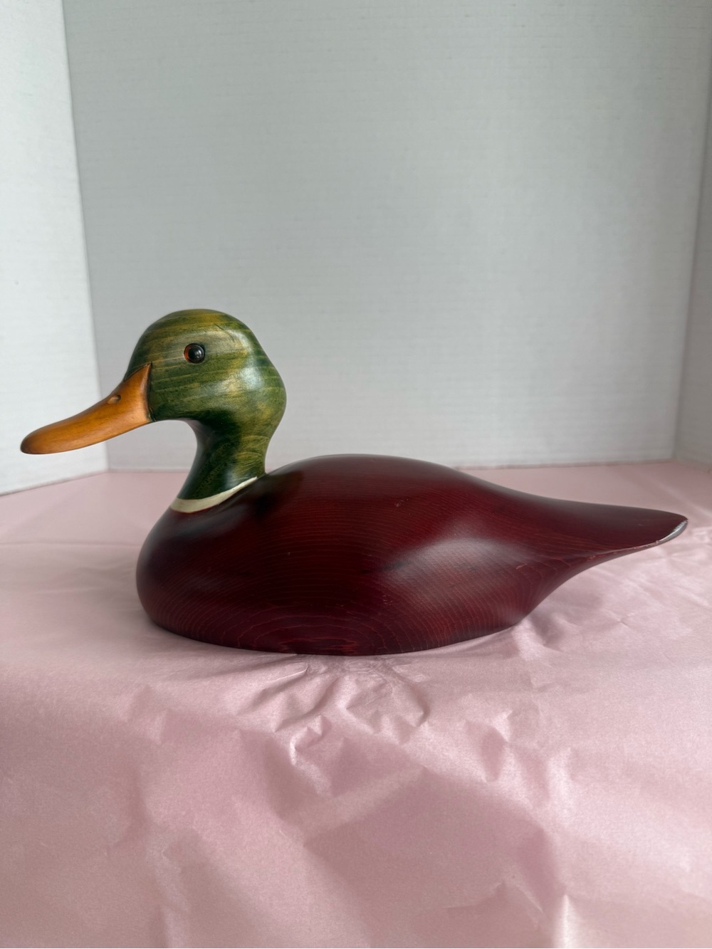 VTG Handcrafted Wooden Mallard Duck Decoy Green and Burgundy Made by Ron Sadler